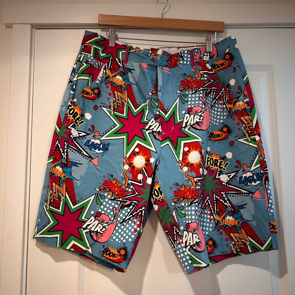 NWOT Royal & Awesome Men's 38 Comic Book Golf Shorts Sky Blue Pop Art Partoon